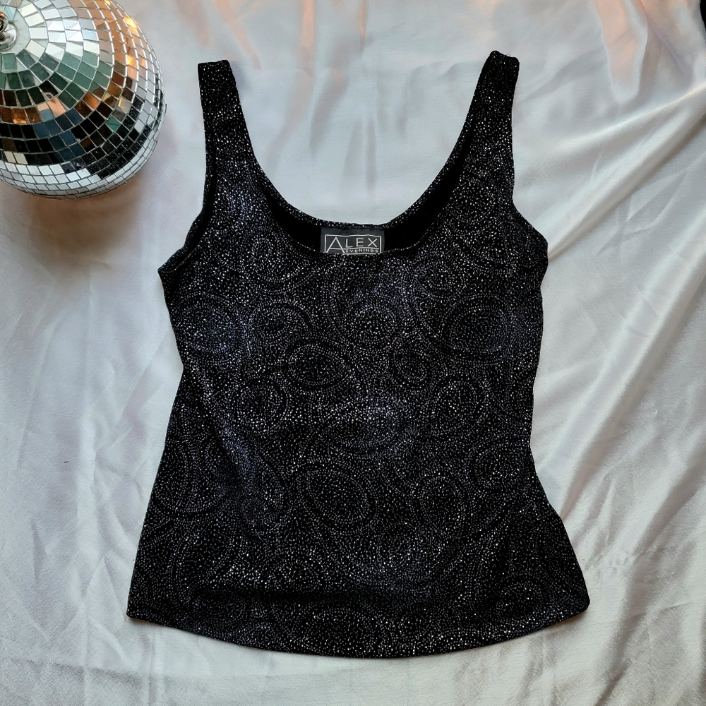Y2k Alex Evenings Bling Sparkly Tank Top Sleeveless Crop Cropped Black Purple